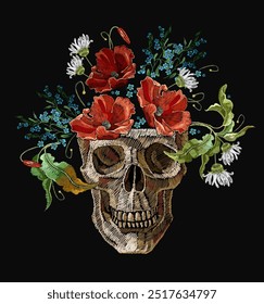 Embroidery human skull, chamomile and red poppies flowers. Medieval template for clothes, textiles, t-shirt design. Fashion gothic art