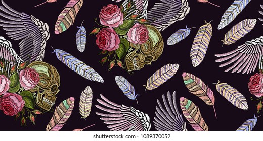 Embroidery human skull, feathers and angel wings seamless pattern. Fashion template for clothes, textiles, t-shirt design. Embroidery medieaval seamless pattern