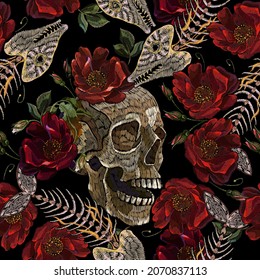 Embroidery human skull, fish bone and red roses flowers. Dark gothic seamless pattern. Halloween art. Medieval style. Fashion clothes template and t-shirt design 