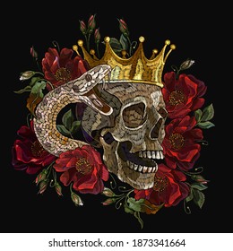 Embroidery human skull, golden crown, snake and red roses flowers. Medieval kings, fairy tale. Fashion clothes template and t-shirt design. Dark gothic halloween art 