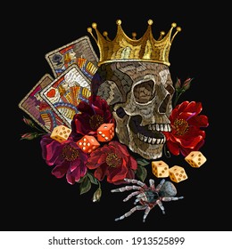 Embroidery human skull, golden crown, spider, playing cards and red roses flowers. Medieval fairy tale. Fashion clothes template and t-shirt design. Dark gothic halloween art 