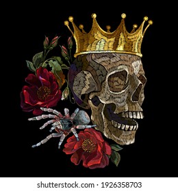 Embroidery human skull, golden crown, red roses flowers and spider. Halloween medieval style. Fashion clothes template and t-shirt design. Dark gothic art 