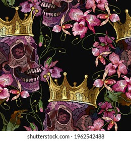 Embroidery human skull, golden crown and pink orchid flowers. Tropical background. Dark gothic art. Halloween seamless pattern. Medieval style. Fashion clothes template and t-shirt design 