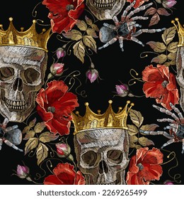 Embroidery human skull, golden crown, spider and red poppies flowers. Seamless pattern. Dark gothic halloween art. Medieval kings, fairy tale. Fashion clothes template and t-shirt design