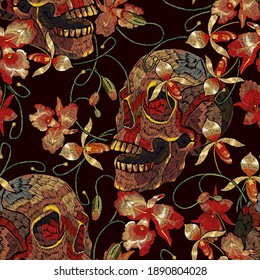 Embroidery human skull and orchid flowers. Dark gothic seamless pattern. Tropical concept. Medieval style. Fashion clothes template and t-shirt design 