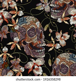 Embroidery human skull and orchid flowers. Fashion clothes template and t-shirt design. Vintage dark gothic seamless pattern. Tropical concept. Medieval style 