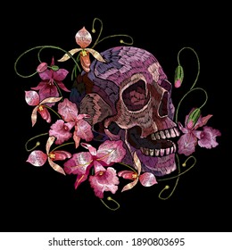 Embroidery human skull and pink orchid flowers. Halloween art. Medieval style. Fashion clothes template and t-shirt design. Dark gothic art 