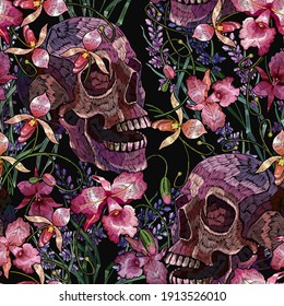 Embroidery human skull and pink orchid flowers. Seamless pattern. Halloween art. Medieval style. Fashion clothes template and t-shirt design. Dark gothic art 