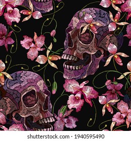 Embroidery human skull and pink orchid flowers. Halloween seamless pattern. Medieval style. Tropical background. Fashion clothes template and t-shirt design. Dark gothic art 