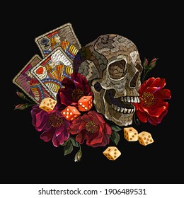 Embroidery human skull, playing cards and red roses flowers. Medieval fairy tale. Fashion clothes template and t-shirt design. Dark gothic halloween art 