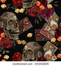 Embroidery human skull, playing cards and red roses flowers. Medieval fairy tale. Seamless pattern. Fashion clothes template and t-shirt design. Dark gothic halloween art 