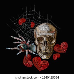 Embroidery human skull, red heart and spider. Classical dark art gothic embroidery. Medieval template for clothes, textiles, t-shirt design 