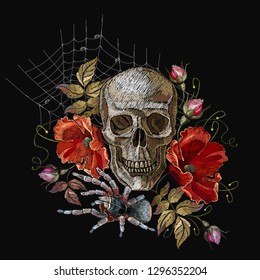 Embroidery human skull, red poppies and spider web. Fashionl dark art gothic embroidery. Medieval template for clothes, textiles, t-shirt design 