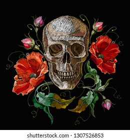 Embroidery human skull and red poppies flowers. Fashion gothic embroidery. Medieval template for clothes, textiles, t-shirt design 