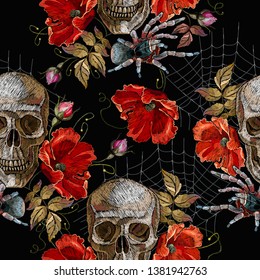 Embroidery human skull, red poppies and spider web seamless pattern. Fashionl dark gothic embroidery. Medieval template for clothes, textiles, t-shirt design 