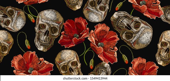 Embroidery human skull and red poppies flowers. Horizontal seamless pattern. Gothic embroidery. Medieval template for clothes, textiles, t-shirt design 