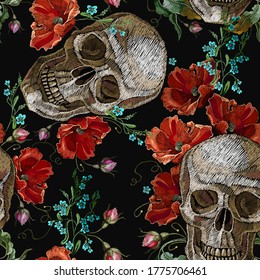 Embroidery human skull and red poppies flowers. Dark seamless pattern. Gothic art. Medieval template for clothes, textiles, t-shirt design 