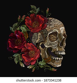 Embroidery human skull and red roses flowers. Halloween art. Medieval style. Fashion clothes template and t-shirt design. Dark gothic art 