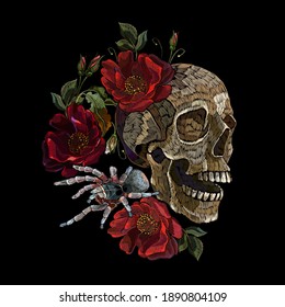 Embroidery human skull, red roses flowers and spider. Halloween medieval style. Fashion clothes template and t-shirt design. Dark gothic art 