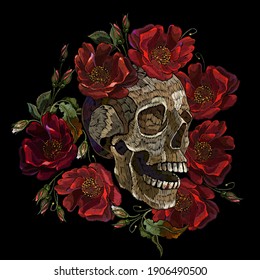 Embroidery human skull and red roses flowers. Fashion clothes template and t-shirt design. Dark gothic art. Halloween art. Medieval style 