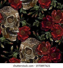 Embroidery human skull and red roses flowers. Fashion clothes template and t-shirt design. Dark gothic seamless pattern. Halloween art. Medieval style 