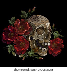 Embroidery human skull and red roses flowers. Dark gothic art. Halloween art. Medieval style. Fashion clothes template and t-shirt design 