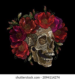 Embroidery human skull and red roses flowers. Fashion clothes template and t-shirt design. Dark gothic art. Halloween art. Medieval style
