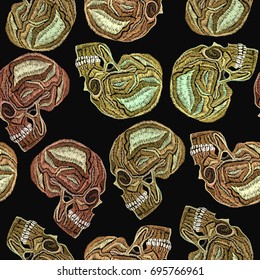 Embroidery human skull seamless pattern. Fashionable embroidery template vector for ladies, woman t shirt design. Skull seamless gothic background