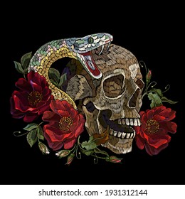 Embroidery Human Skull, Snake And Red Roses Flowers. Medieval Kings, Fairy Tale. Fashion Clothes Template And T-shirt Design. Dark Gothic Halloween Art 