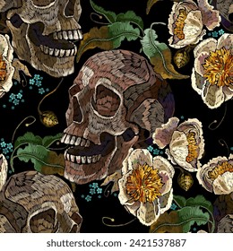 Embroidery human skull and yellow peones flowers. Seamless pattern. Dark gothic art. Halloween art. Medieval style. Fashion clothes template and t-shirt design