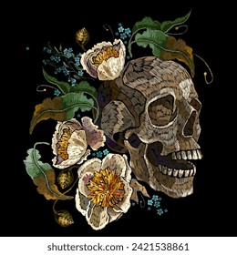 Embroidery human skull and yellow peones  flowers. Fashion clothes template and t-shirt design. Dark gothic art. Halloween art. Medieval style