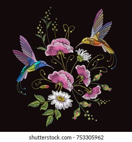 Embroidery humming bird and chamomile. Beautiful hummingbirds, summer flowers and white chamomile embroidery on black background. Template for clothes, textiles, t-shirt design 