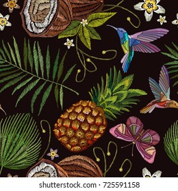 Embroidery humming bird, palm tree leaves, pineapple, butterflly, coconut tropical seamless pattern. Template for design of clothes. Fashionable embroidery tropical butterfly, summer background 