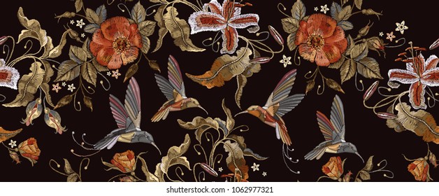 Embroidery humming birds, orchid and red roses seamless pattern. Beautiful bouquet and tropical humming bird pattern. Decorative floral roses embroidery 