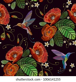 Embroidery humming birds and red poppies seamless pattern. Beautiful bouquet and tropical humming bird pattern. Decorative floral poppies embroidery 