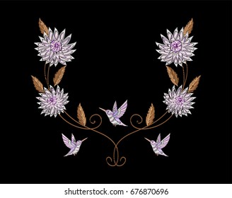 Embroidery hummingbird, chrysanthemums or dahlia flowers and leaves. Symmetrical ornament for clothes decoration.