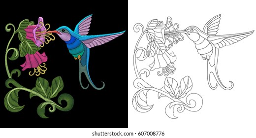 Embroidery hummingbird design. Collection of fancywork elements for patches and stickers. Coloring book page with colibri bird and hibiscus flowers.