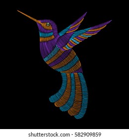 Embroidery hummingbird, exotic tropical bird. Vector fashion ornamental print for textile, fabric traditional folk decoration