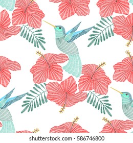 Embroidery hummingbird, exotic tropical bird with hibiscus flower. Vector fashion ornamental seamless pattern for textile.