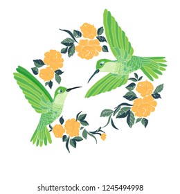 Embroidery with hummingbird and flowers vector illustration.