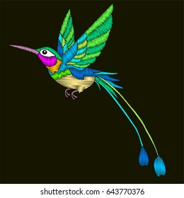 Embroidery hummingbird flying vector illustration.