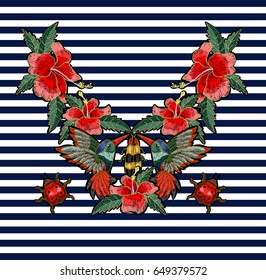 Embroidery hummingbird, hibiscus flowers, butterfly and ladybug. Vector illustration with colibri bird and flowers.