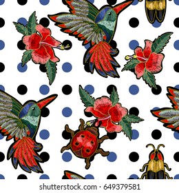 Embroidery hummingbird, hibiscus flowers, butterfly and ladybug. Vector illustration with colibri bird and flowers.