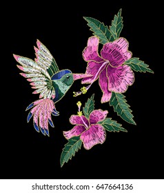 Embroidery hummingbird and hibiscus flowers. Vector illustration with colibri bird and flowers.