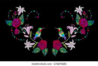 Embroidery hummingbird, lily and rose flowers and green leaves. Symmetrical ornament for clothes decoration.