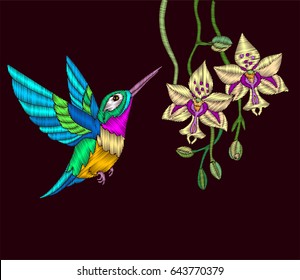 Embroidery with hummingbird and orchid flowers vector illustration.