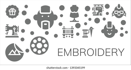 embroidery icon set. 11 filled embroidery icons.  Simple modern icons about  - Sticker, Punk, Sewing machine, Thread, Mannequin, Bobbin