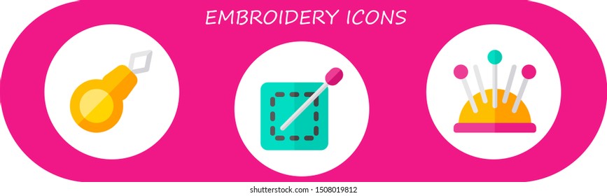 embroidery icon set. 3 flat embroidery icons.  Collection Of - threader, sewing, pin cushion icons