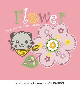 embroidery idea with cat image for kids t-shirt. vector illustration