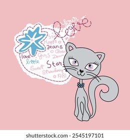 embroidery idea with cat image for kids t-shirt. vector illustration